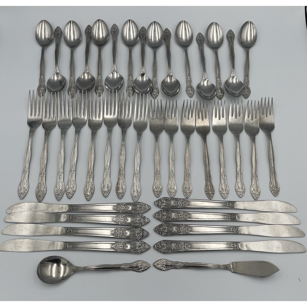 Vtg. 41 Piece Rogers Co. Japan Stainless Flatware Rose Pattern Knife Fork Spoon